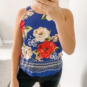 Farm Rio Tank Top Blue Floral Tropical Print Keyhole Back Casual Resort Keyhole